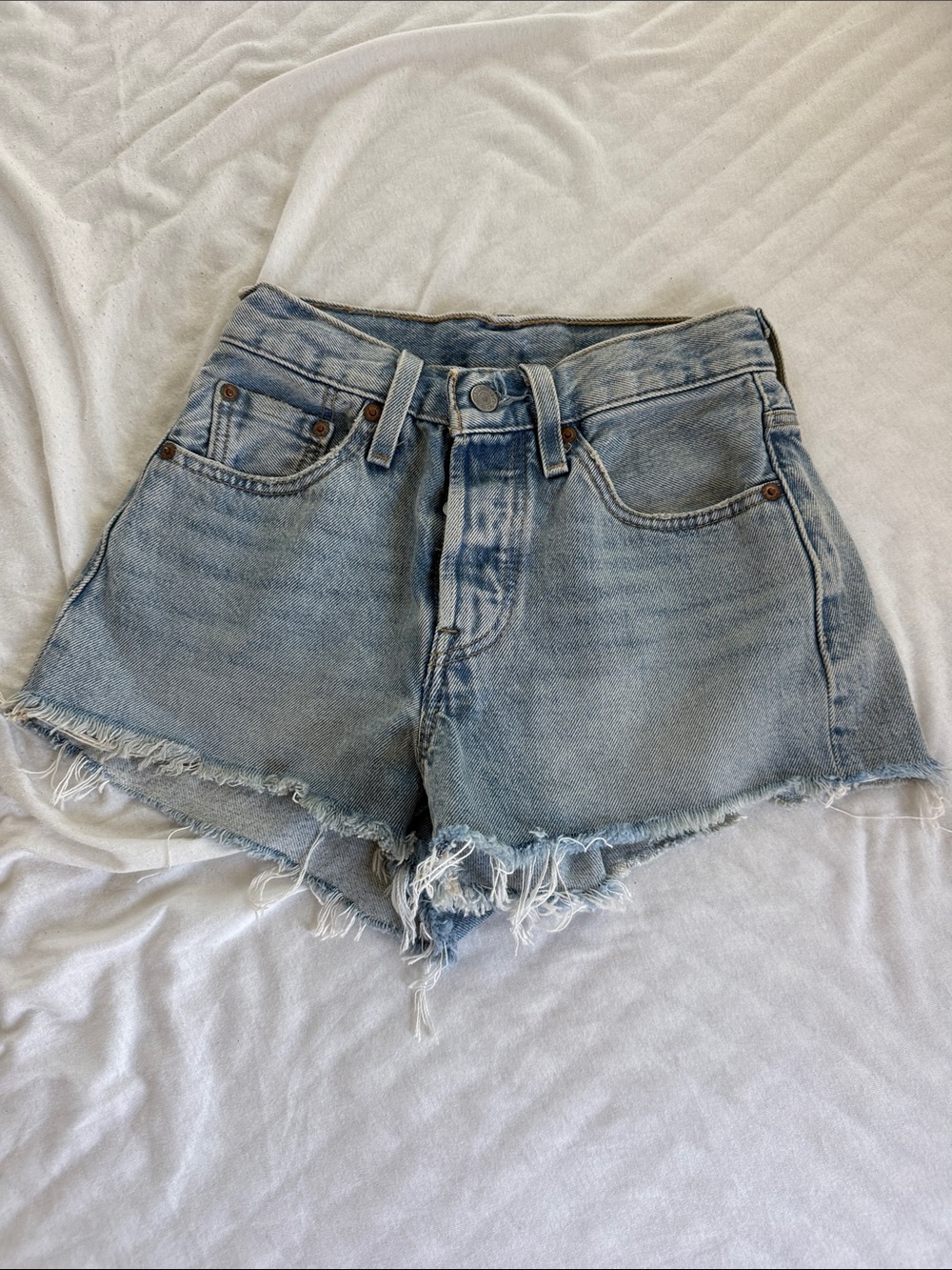 High-Rise Light Blue Frayed Hem Denim Jean Shorts
